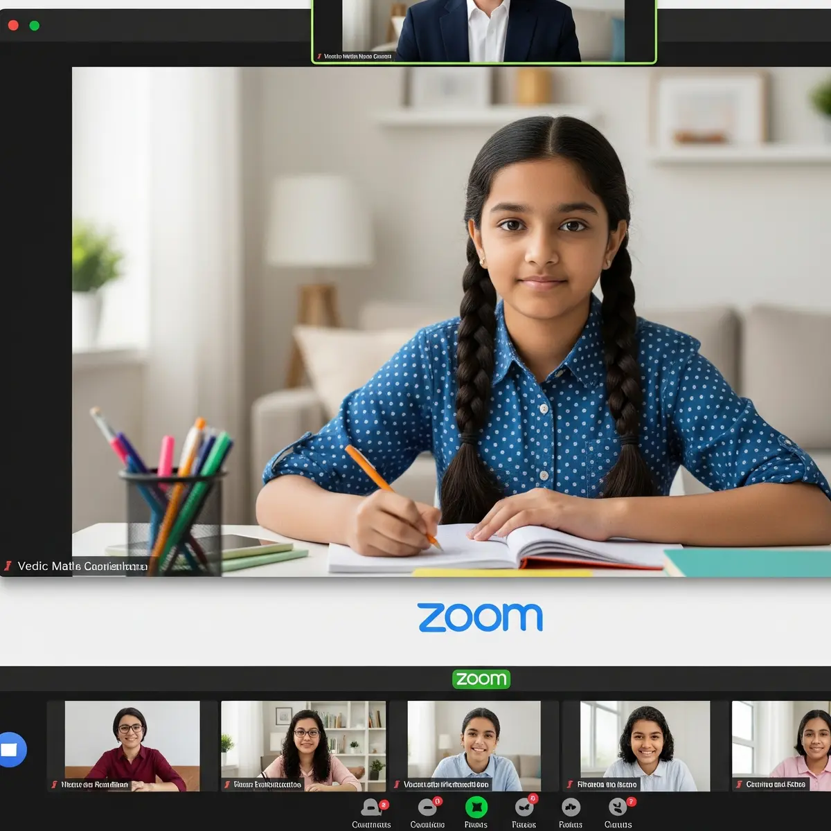 Class 7 student in polka dot shirt participating in Vedic Maths online class
